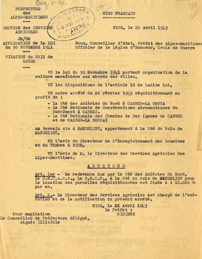 Arrts sur les rquisitions de terrains  La Bocca, 1943 (6F13)