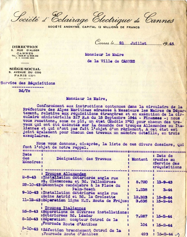 Etats des dgts lectriques sur les rquisitions, 1945 (4H32)
