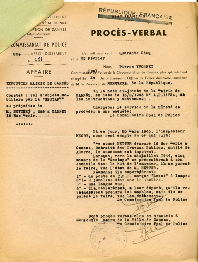 Procs verbal pour vol par la Gestapo, 1945 (4H35) 