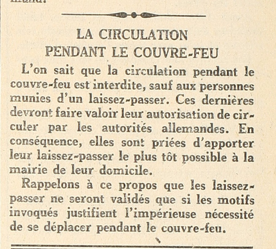 Article du journal Le Littoral sur la circulation pendant le couvre-feu, 16 septembre 1943 (Jx45)