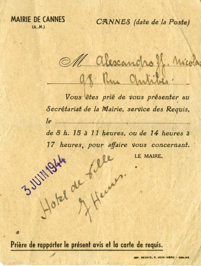 Avis du Service des requis civils, 1944 (4H54)