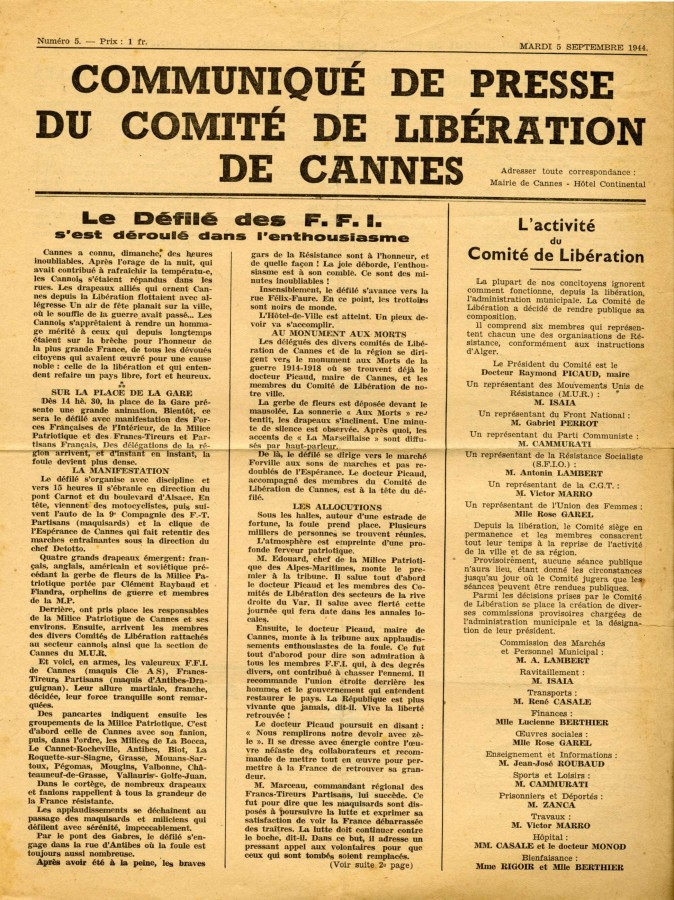 Communiqu de presse du Comit de Libration de Cannes, 05 septembre 1944 (63S4)