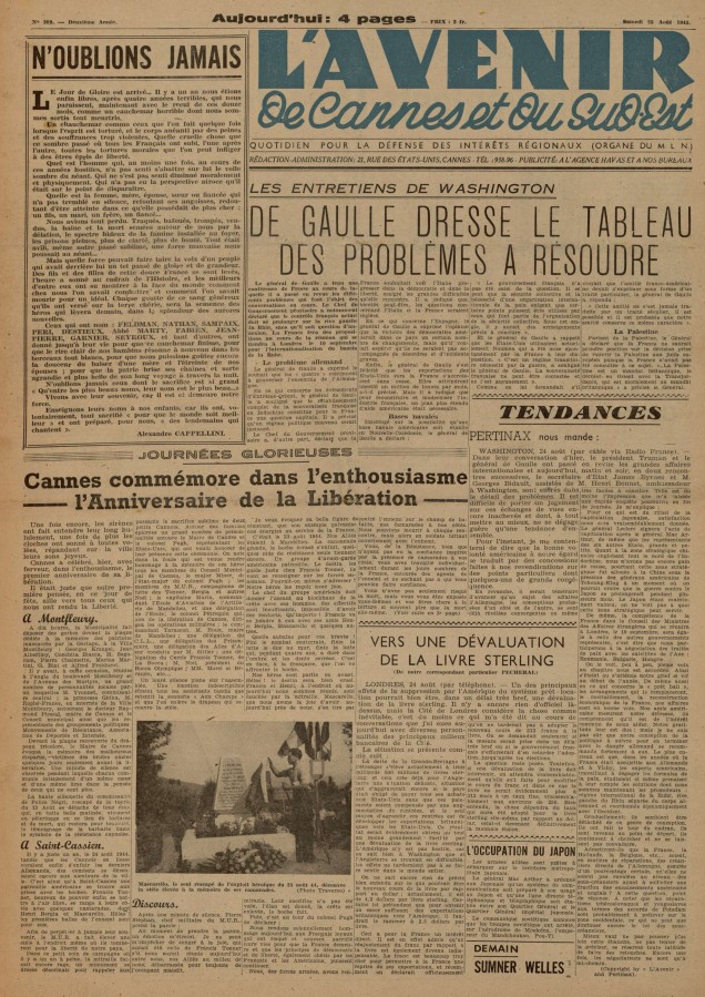 Article de presse du journal L'avenir de Cannes et du Sud-Est sur la commmoration de la libration, 25 aot 1945 (Jx14)