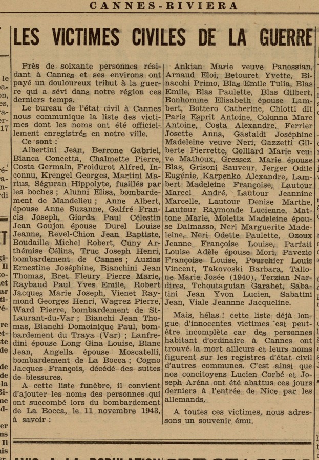Article de presse du journal Cannes Riviera sur les victimes de la guerre, 12 septembre 1944 (Jx108)