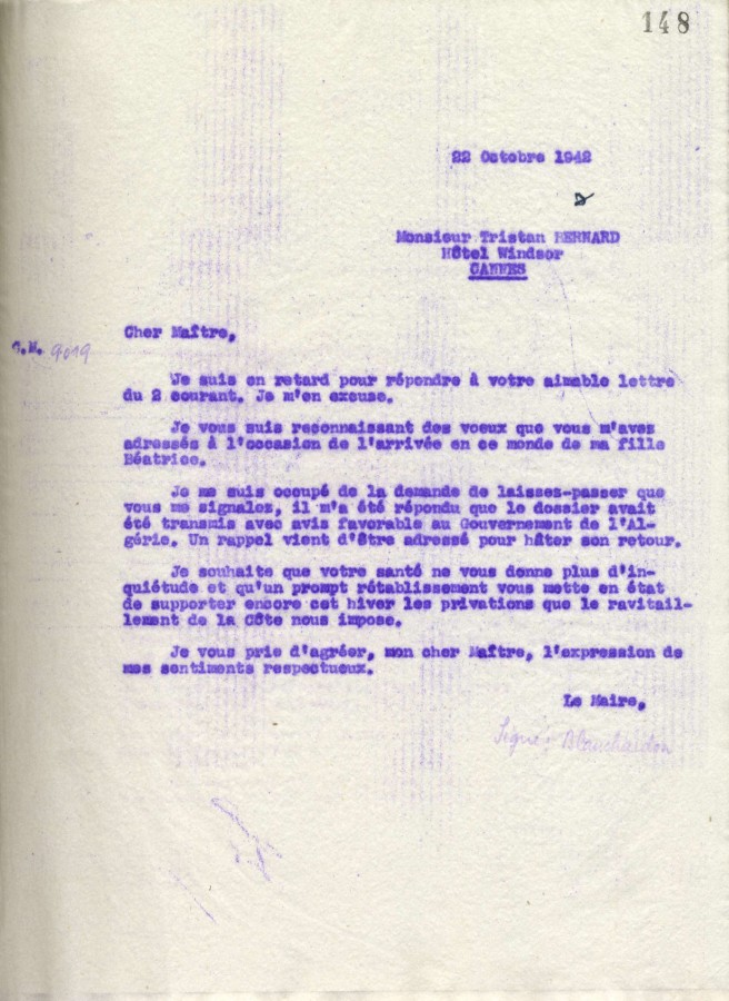 Demande de laissezpasser pour Tristan Bernard, lettre du maire, 1942