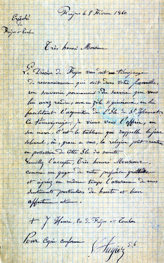 Lettre de l'vque de Frjus au sieur Augier pour le remercier, 1860 (AMC 3N25)