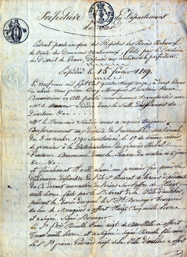 Procs-verbal d'enchres pour la "dlivrance de l'le St-Honorat de Lrins dpendante du ci-devant monastre de Lrins", 9 mars 1791