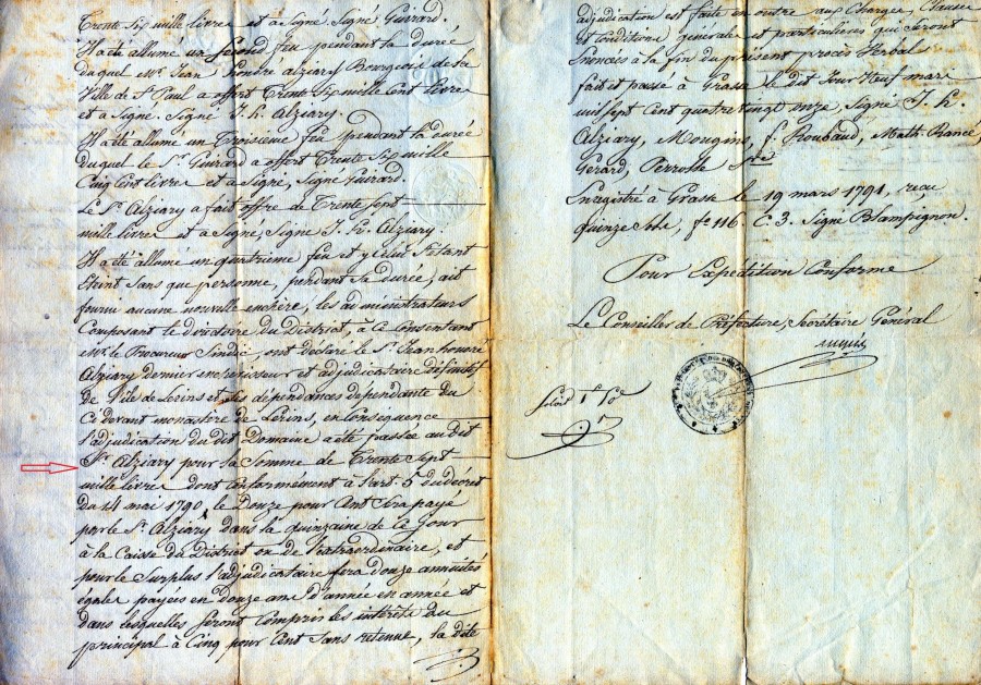 Adjudication au dernier enchrisseur le Sr Alziary pour 37 000 livres, mars 1791