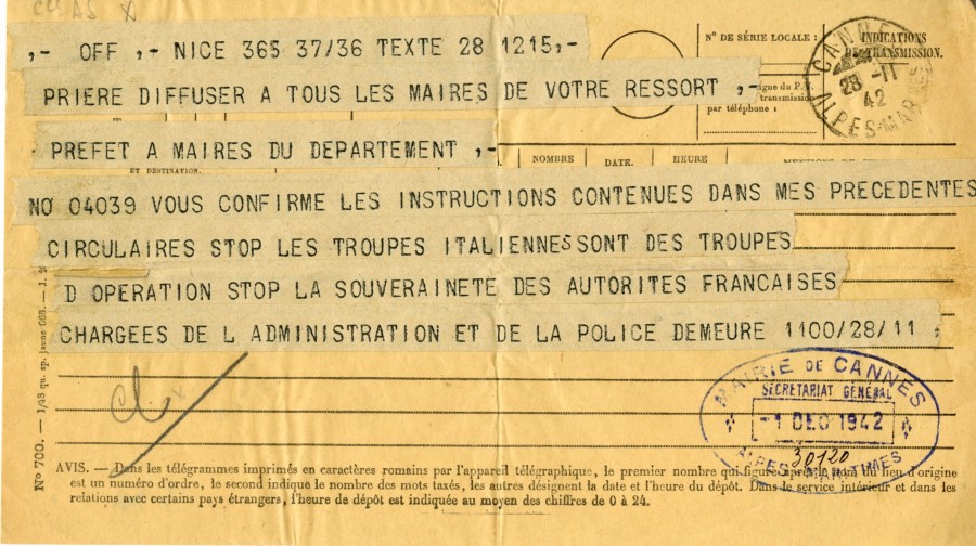Tlgramme affirmant la souveraint franaise lors de l'occupation par les troupes italiennes, 1942 (4H31)