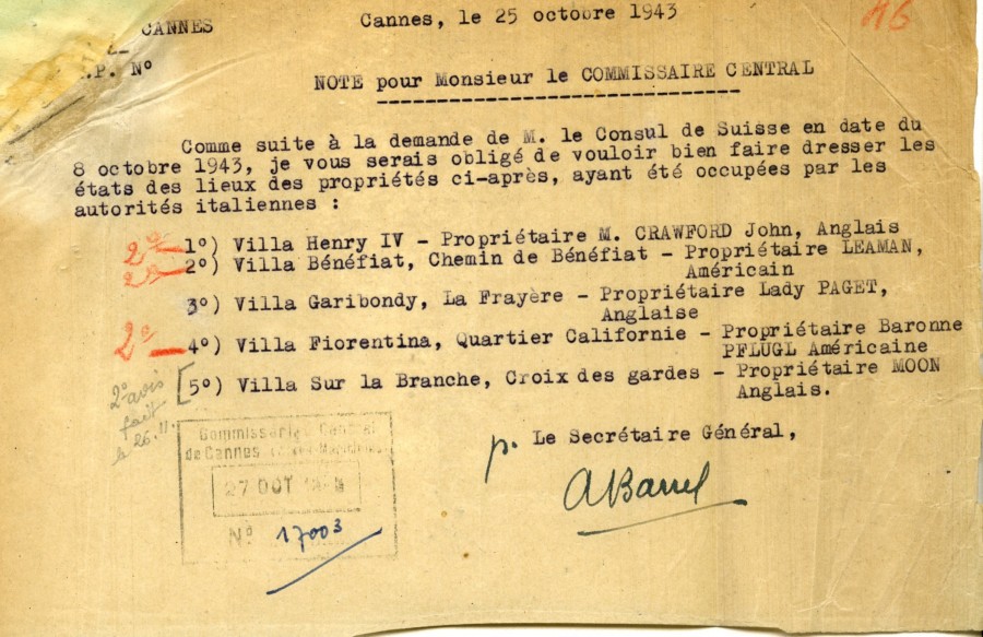 Demande de M. le Consul de Suisse au sujet des rquisitions de villas damricains ou anglais par les autorits italiennes, 25 octobre 1943 (4H34)