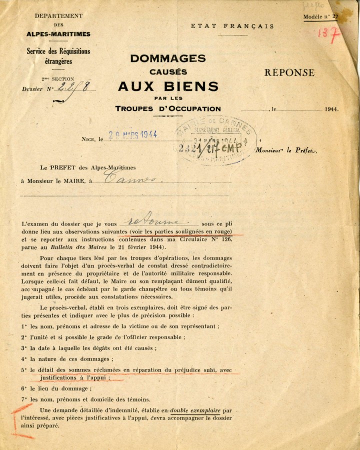 Formulaire pour les dommages causs  aux biens par les troupes doccupation, 1944 (4H33)