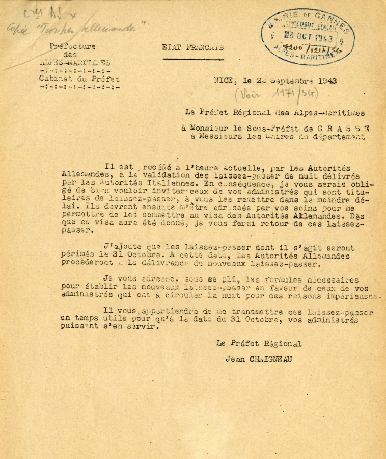 Lettre du Prfet Jean CHAIGNEAU aux maires du dpartement pour la passation de loccupation italienne puis allemande, 22 septembre 1943 (4H11)