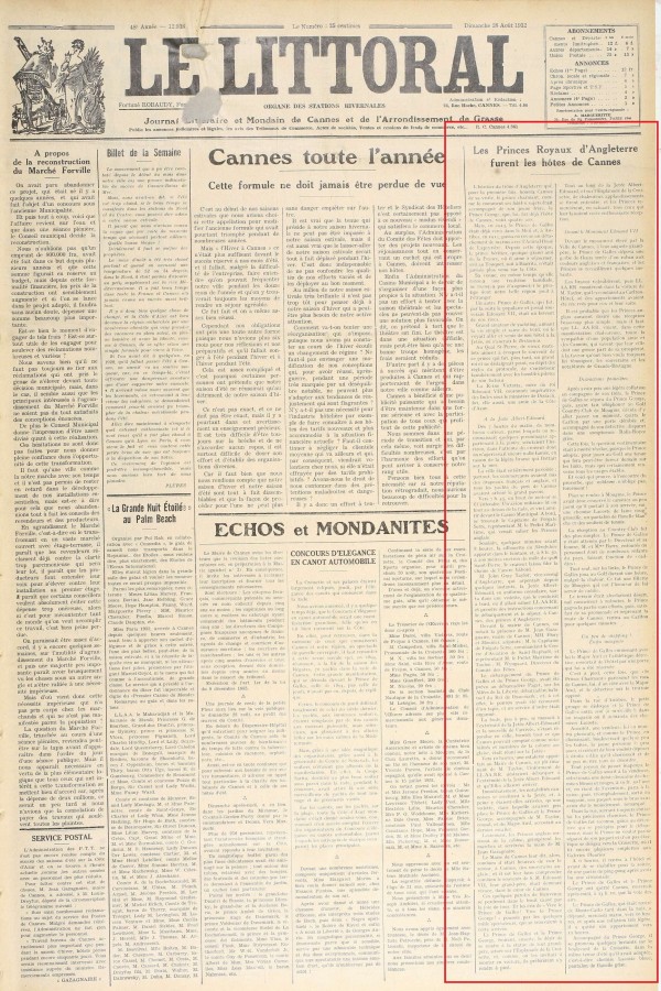 Une du journal Le Littoral 28 aot 1932 (Jx45 - cf. site de presse en ligne)