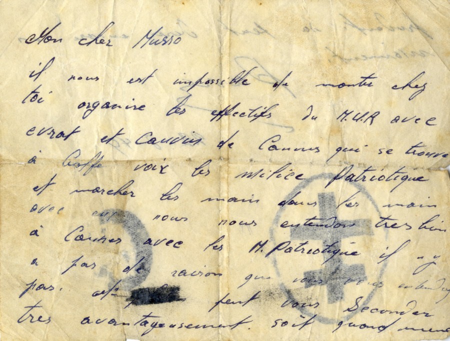 Billet manuscrit adress  Monsieur Franois Musso, membre des Forces Franaises de l'Intrieur (F.F.I.), 22 aot 1944 (36NUM61)