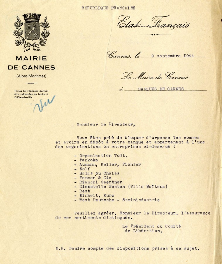 Blocage d'avoirs bancaires d'organisations ou d'entreprises de l'ennemi, 1944 (4H61)
