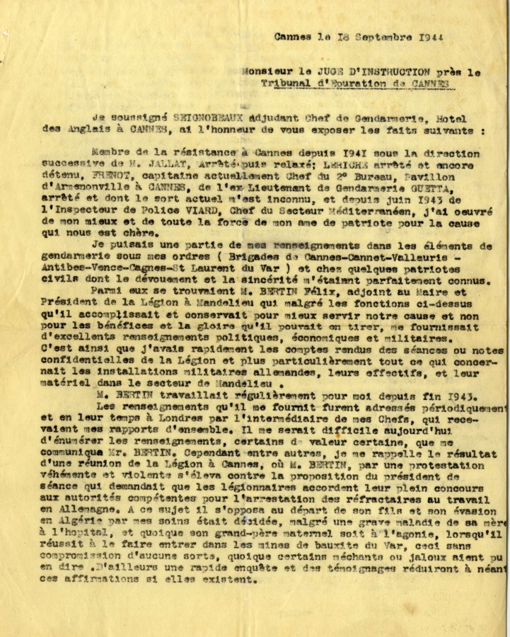 Attestation fournie par le Lieutenant Seignobeaux pour M. Bertin, ex-Lgionnaire, septembre 1944 (68S4_1)