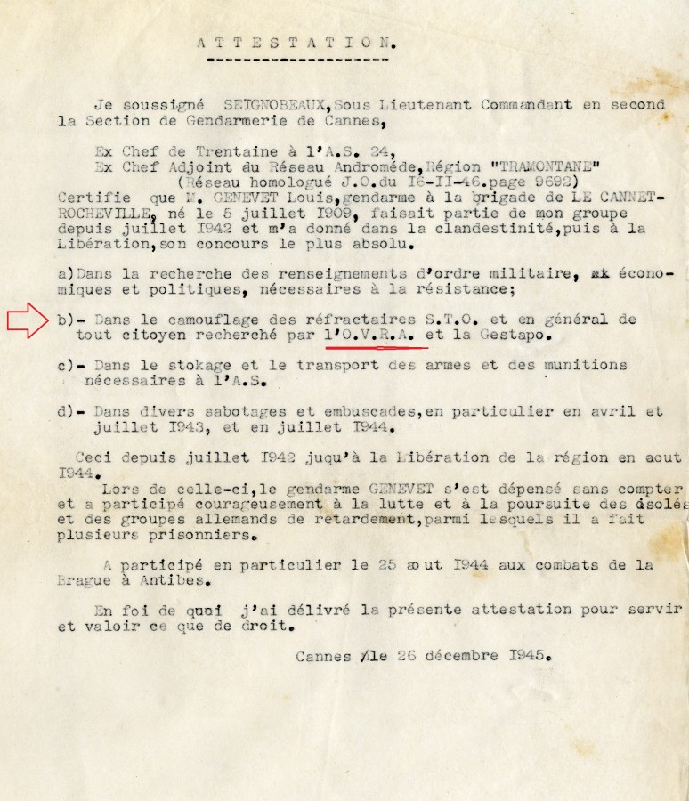 Mention de l'OVRA dans un rapport de dcembre 1945 (68S5_6)