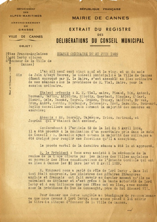 Dlibration faisant Lord Derby citoyen d'honneur de Cannes, juin 1929 (3K8)