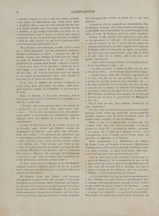 Article de Cannes-Artiste, mars 1903, sur le masque de fer, 2 (103Num - Mdiath.)