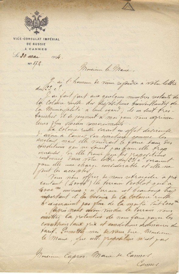 Un cimetire pour les hivernants russes, lettre du vice-consul, 1914 (8M17)