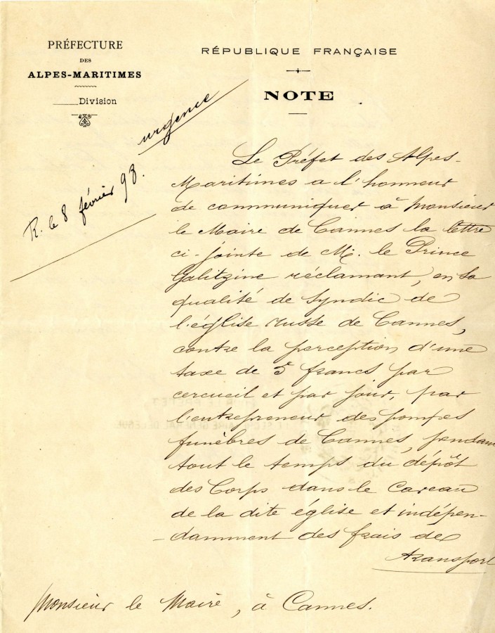 Lettre du Prfet au maire, fvrier 1898 (1J53)