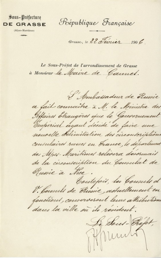 Circonscription consulaire  Nice, 1906, lettre (2J40)