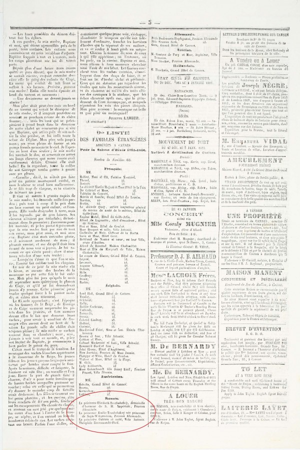 Mention de la famille Troubetzoy  Cannes (presse locale, Revue de Cannes, 6 janvier 1866, Jx55)