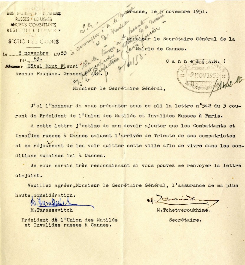 Union des anciens combattants russes, lettre de 1951 (60W27)