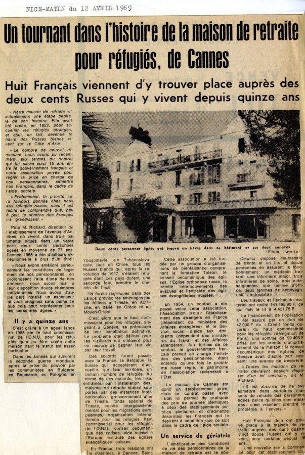 Article Nice-Matin de 1969, maison des rfugis russes (60W27  journal NM)