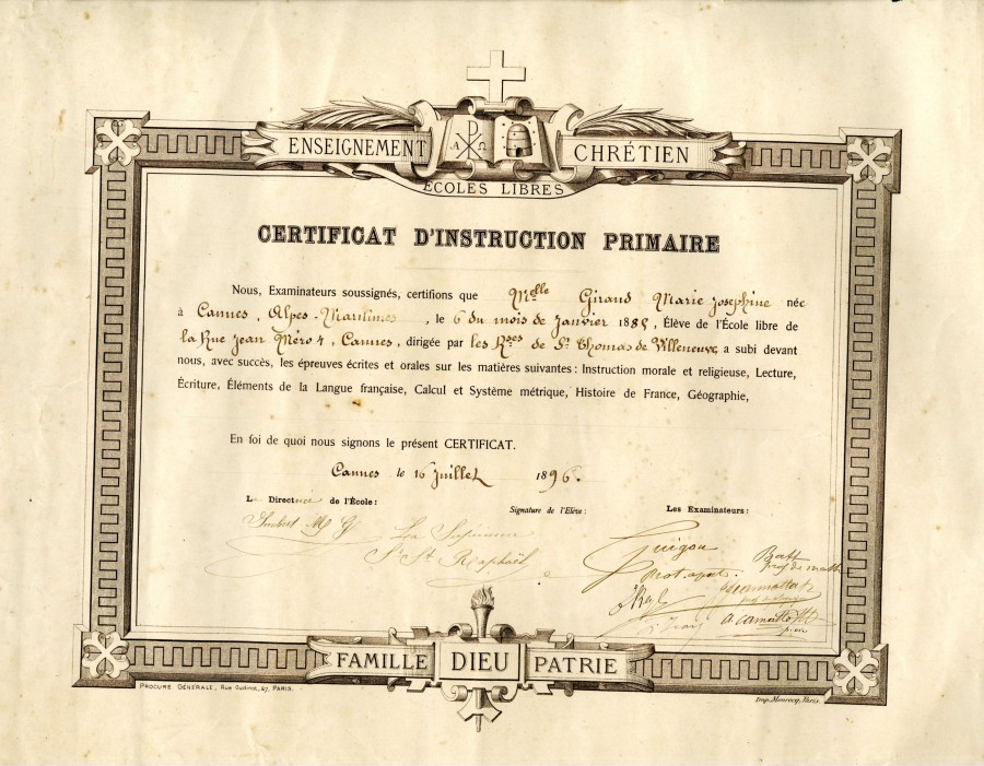 Certificat d'instruction primaire de 1896  Collection prive