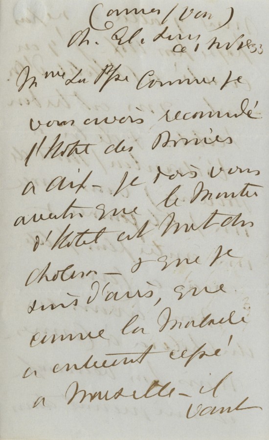 Lettre de Lord Brougham voquant la prsence du cholra en Provence, 1833, 1, AMC 5S7