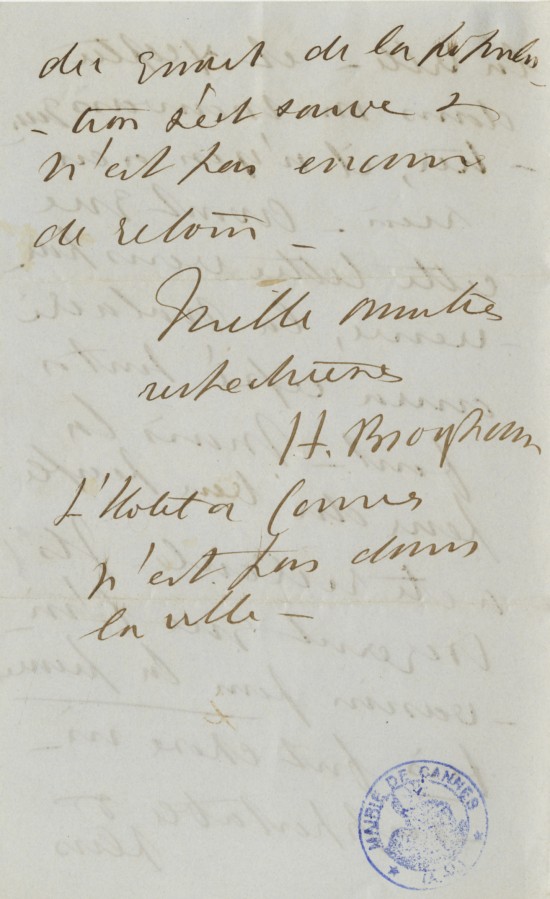 Lettre de Lord Brougham voquant la prsence du cholra en Provence, 1833, 4, AMC 5S7