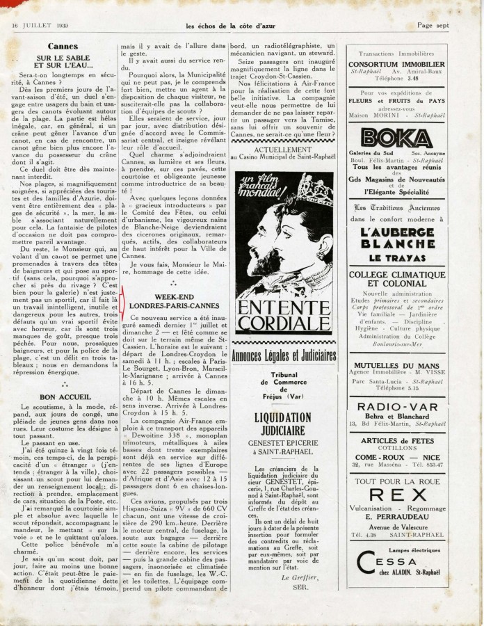 Desserte Londres-Paris-Cannes, article du 16 juillet 1939 (Jx81)