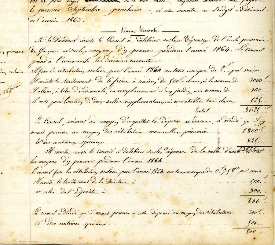 Ecole de garons, avec 6 frres pour la classe, dibration du 22 fvrier 1863, registre 1D15