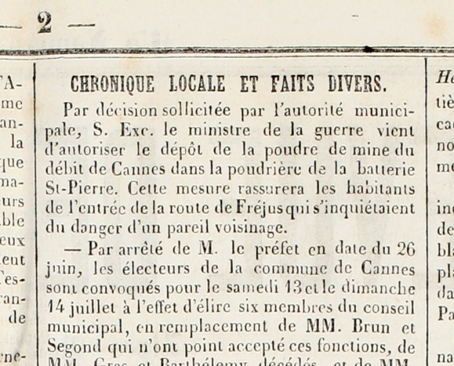 1867, poudre dpose  la batterie, extrait du journal "Revue de Cannes", 1er juillet