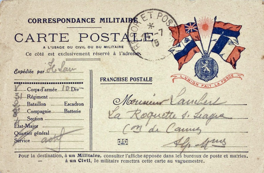 Carte postale dHerv LAMBERT  ses parents avec les drapeaux en couleur des allis : France, Russie, Royaume-Uni, Serbie