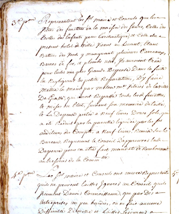 Juin 1765, appel au vitrier pour l'htel de ville notamment, dlibration de la communaut, BB3_28
