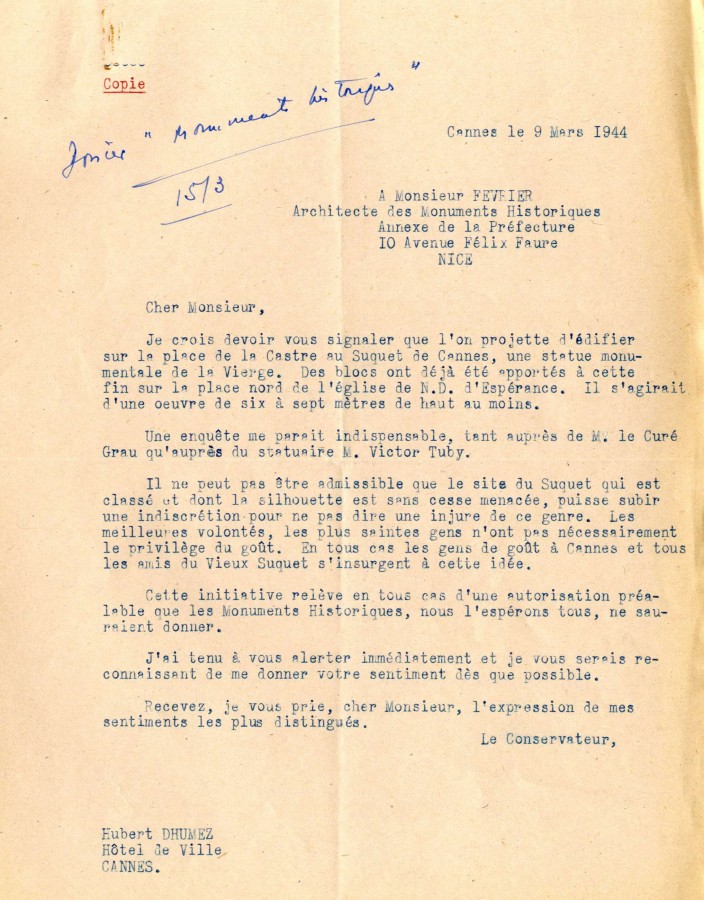 Au sujet de l'rection d'une statue de la Vierge, lettre du conservateur Hubert Dhumez, 1944 (16M11)