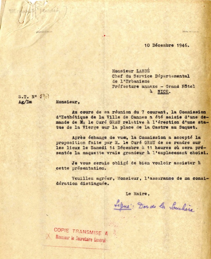 Lettre du maire au sujet de la statue, 1946 (16M11)