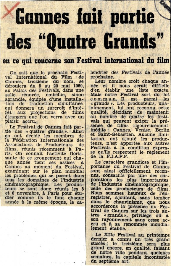 Cannes fait partie des 4 grands  Nice Matin, article du 18 novembre 1959