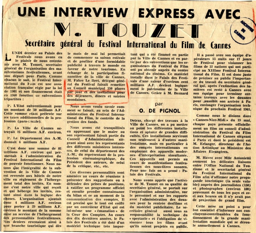 Interview de M. Touzet, secrtaire gnral du FIF, juin 1960 (93W22)