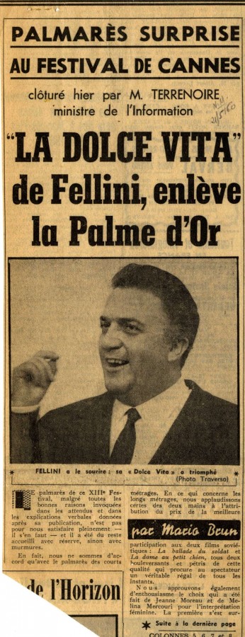 Palme enleve par Fellini, 21 mai 1960  NM - (93W22)