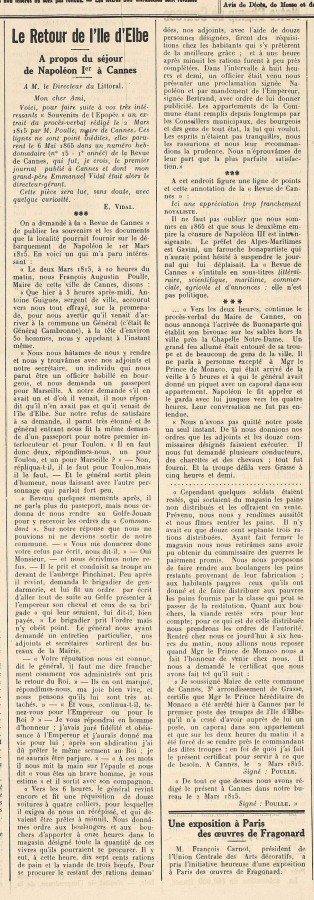 Le sjour de Napolon 1er  Cannes, article 12 juin 1921.