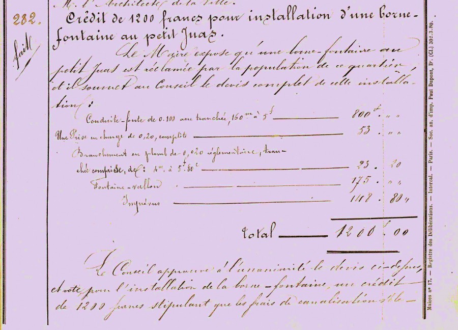 Borne-fontaine installe au Petit Juas, 27 novembre 1882, 1D26_58