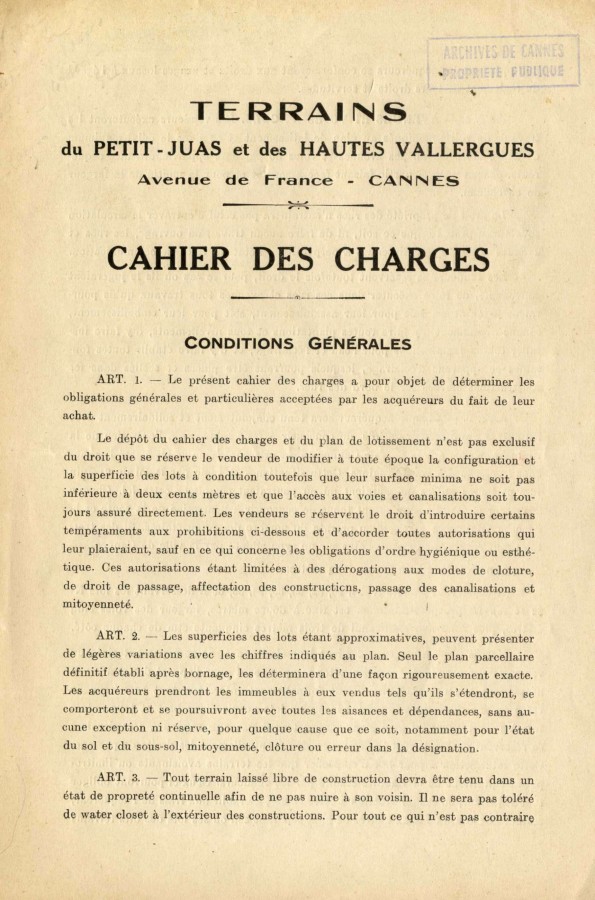 Cahier des charges, lotissement terrains Petit-Juas et Hautes-Vallergues, 5O47, 1