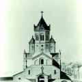 Façade principale de l'église abbatiale du monastère de Saint Honorat, en cours de reconstruction vers 1875. Reproduction de gravure, AMC, 14Fi6