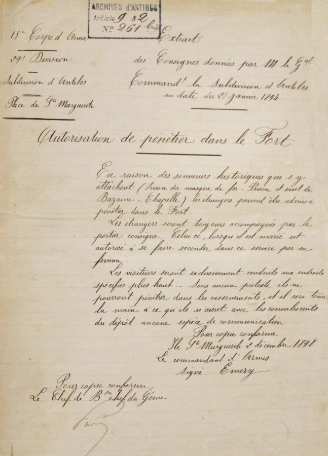 Autorisation de pntrer dans le Fort - 21 janvier 1894 (AD06_2R161)