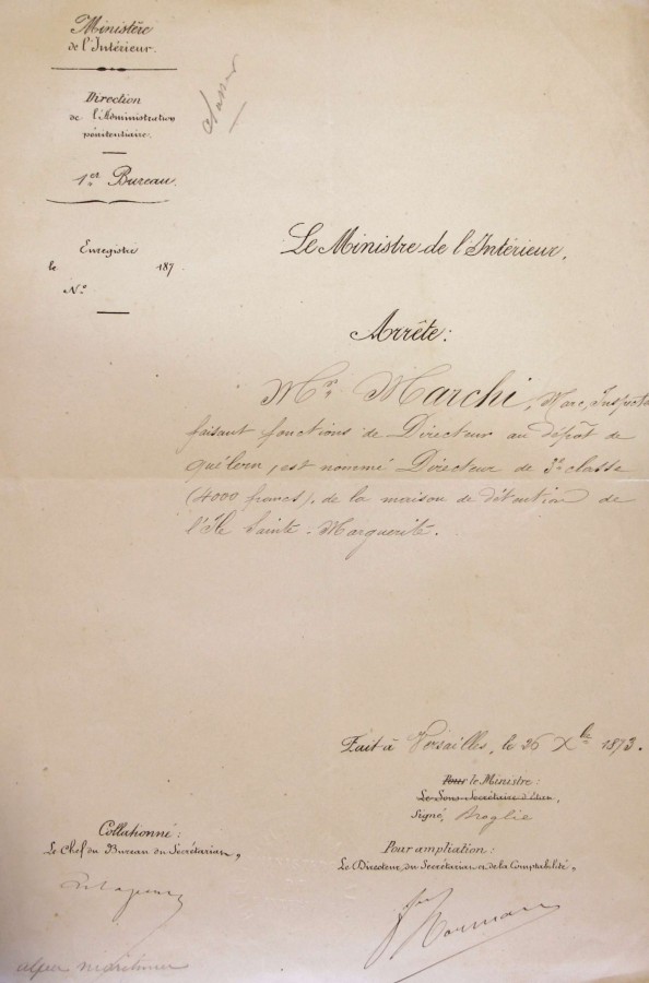 Nomination de monsieur MARCHI Marc, directeur de la prison de l'le Sainte Marguerite - 26 dcembre 1873 (AD06_1Y24)