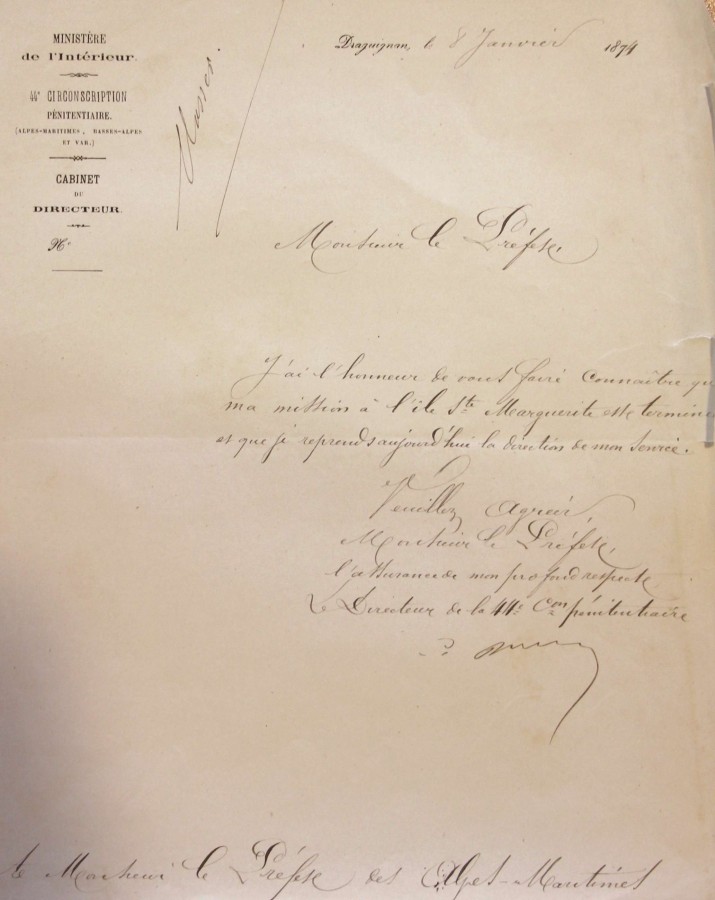 Nomination de monsieur MARCHI, directeur de la prison de l''le Sainte Marguerite - 8 janvier 1874 (AD06_1Y24(2))