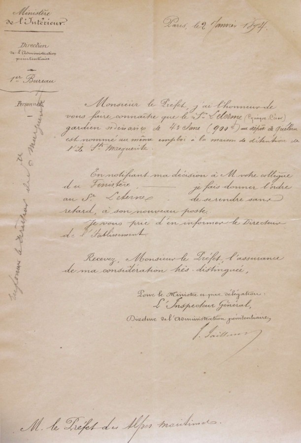 Nomination des gardiens de prison de l'le Sainte Marguerite - Monsieur LETERNE - 2 janvier 1874 (AD06_1Y24)